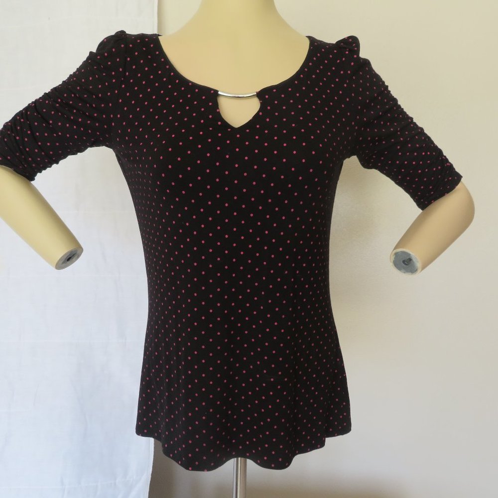 White House Black Market Black Polka Dot Keyhole Blouse with Pink Dots
